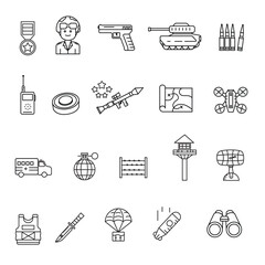 Military Line Icon Set – Weapons, Soldiers, and Equipment