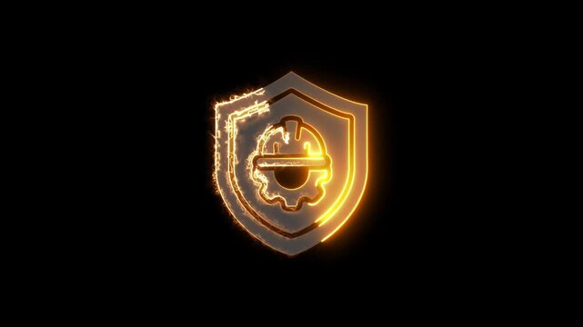 Animation of glowing neon helmet and gear icons. Work wear, helmet construction and cogwheel. Safety and protection, Human work safety icon isolated with gears .