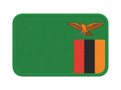 Woven patch displays national flag of Zambia with eagle and vibrant colors, transparent background