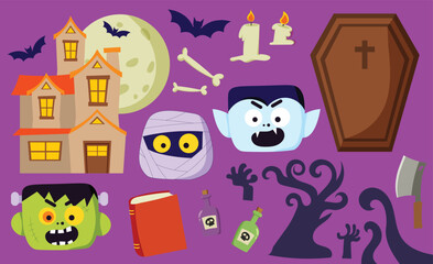 Spooky Halloween Illustration Pack Flat style elements perfect for banners, web pages, storybooks, and creative projects.