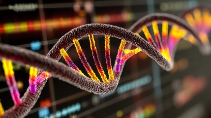 A vibrant double helix structure representing DNA with pink and blue strands against a digital biological sequence displ