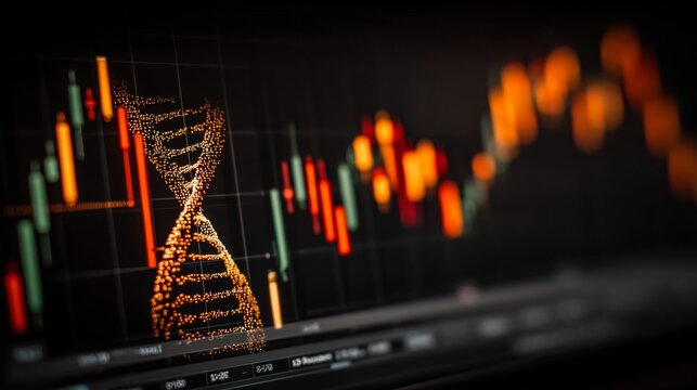 Financial charts with candlestick patterns in red and green contrast against a dark backdrop,