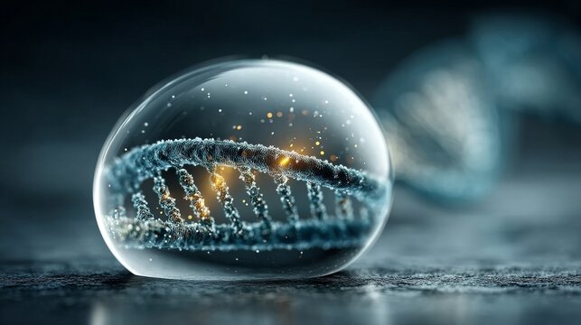 A three-dimensional DNA double helix is encapsulated within a transparent sphere, illuminated by glowing particles, - Powered by Adobe