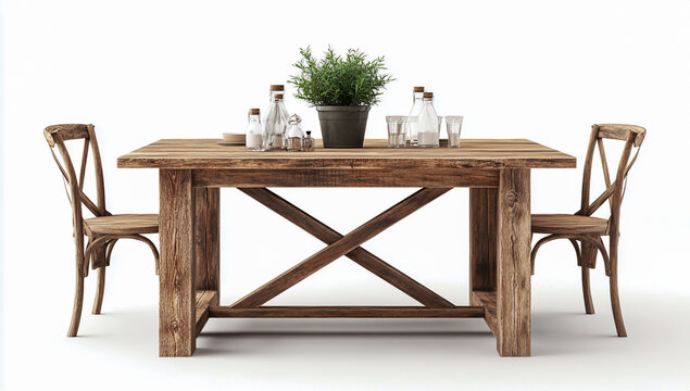 Three-dimensional rendering of a large rustic wooden dining table with two matching chairs shown from a front view, isolated on a clean white background.