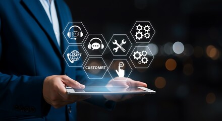 A businessman holds a tablet displaying customer support icons, representing online assistance and digital communication for business solutions