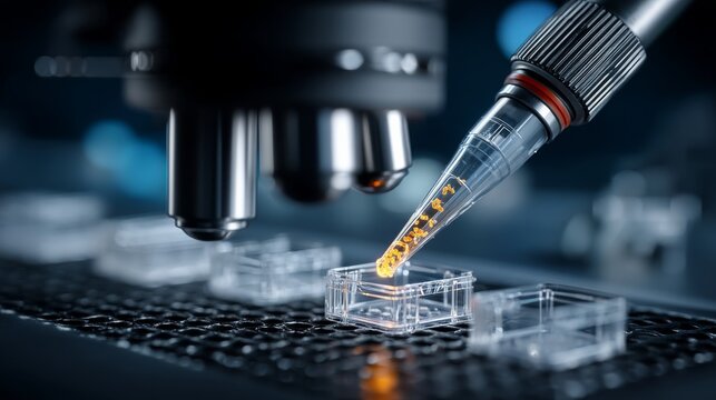 A pipette with orange liquid transfers substance into a clear container during scientific research,