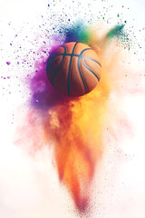 Fototapeta premium A vibrant basketball bursting through colorful powder clouds, showcasing dynamic motion and energy