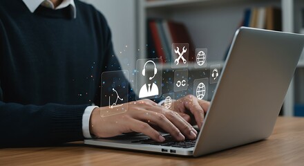 A person types on a laptop with support icons, representing online customer service and technical assistance