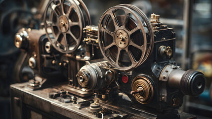 Fototapeta premium Vintage film projector with reels and detailed mechanisms