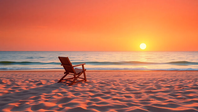 Solitary beach chair facing a vibrant sunset over the ocean