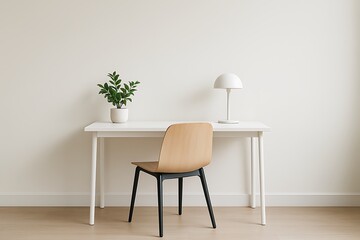 A minimalist workspace featuring a white desk, stylish chair, lamp, and plant pot in a bright room.