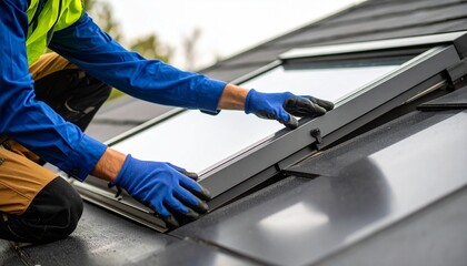 A professional worker installs a velux window on the roof. Worker wears a yellow safety vest and gloves.