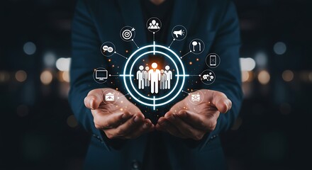 A businessman presents a digital target audience concept, highlighting customer focus and marketing strategy for business growth