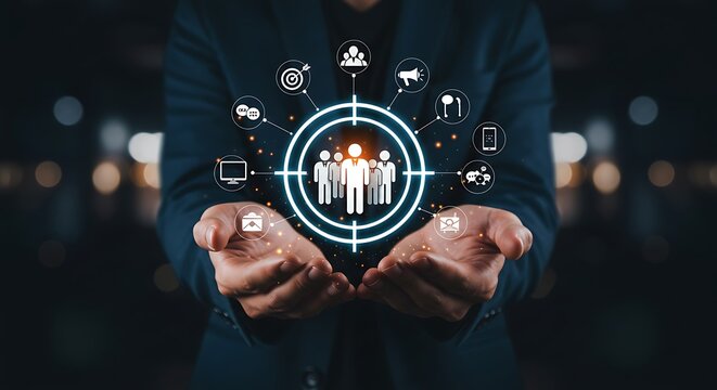 A businessman presents a digital target audience concept, highlighting customer focus and marketing strategy for business growth