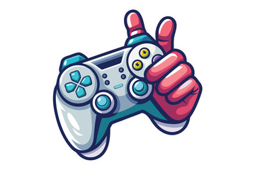 Cartoon Hand Holding a Game Controller Making Rock On Sign with Fingers Isolated on White Background Gaming