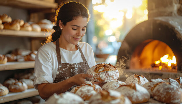 Mujer panadera trabajando con masa artesanal en panader&iacute;a c&aacute;lida y acogedora con luz suave de fondo