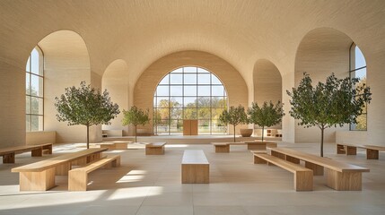 Minimalist interior with archways benches and trees
