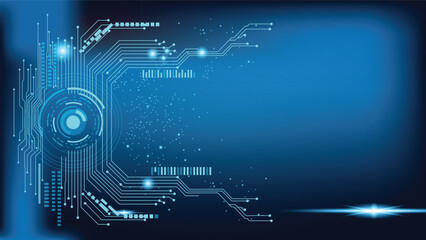Abstract bright blue background with a central eye-like circuit design and flowing digital lines.