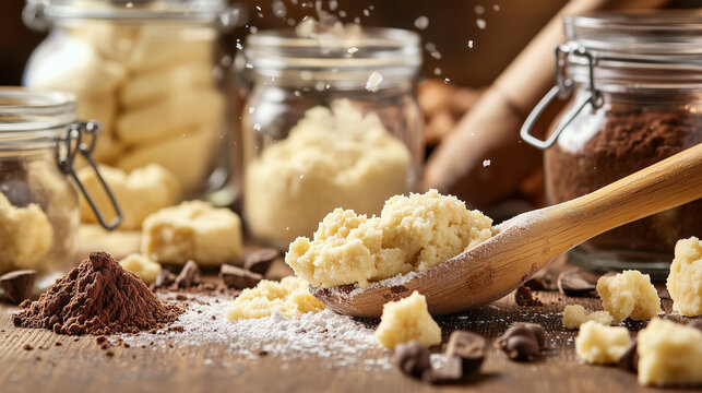 Cookie dough scooped onto a wooden spoon with cocoa powder, chocolate chips, and sugar dusting on a rustic wooden surface, prepared for baking.