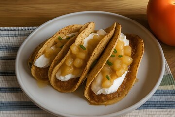 Delicious Sweet Apple Tacos with Creamy Filling on White Plate