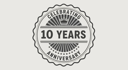 Fototapeta premium Vintage 10th anniversary celebration emblem with a crown, stars, and scalloped border.