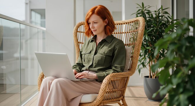 This image features a focused woman with red hair using a laptop while sitting in a wicker chair on a balcony. - Powered by Adobe