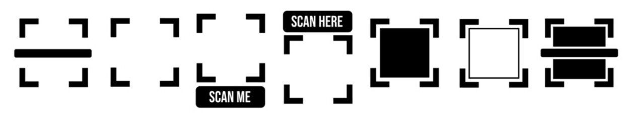 set of qr code scan vector design. qr code template with text scan here and scan me for the web design, flyer design and others