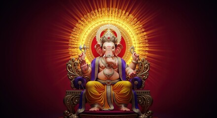Fototapeta premium Ganesha on Royal Throne with Glowing Mandala – 4K Ganesh Wallpaper HD