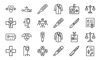 Professional Medical and Healthcare Icon Set &ndash; Line Art Collection Featuring Doctors, Equipment, Thermometers, CPR, and Certification Symbols