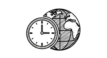 Clock and globe illustration represents global time and worldwide connection