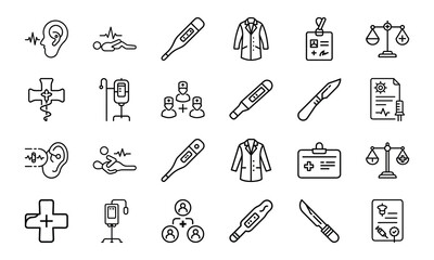 Professional Medical and Healthcare Icon Set &ndash; Line Art Collection Featuring Doctors, Equipment, Thermometers, CPR, and Certification Symbols