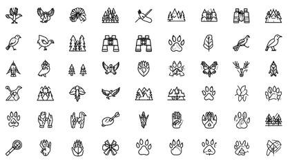 A collection of minimalist line art icons depicting various nature and wildlife motifs