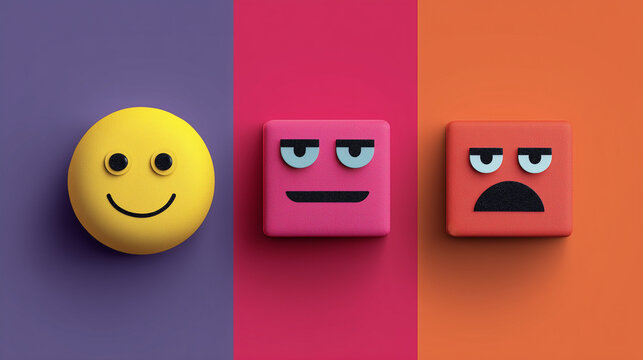 Vibrant 3D rendered image of three distinct emoji icons, representing happy, annoyed, and angry emotions, set against a colorful, segmented background.

