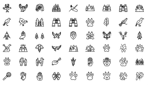A collection of minimalist line art icons depicting various nature and wildlife motifs - Powered by Adobe