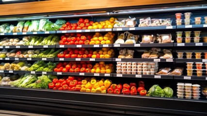 Modern Grocery Store: Fresh Produce and Refrigerated Goods Displayed