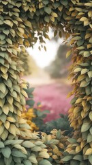 Enchanted leafy archway leading to a mystical pink meadow landscape scene