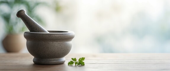 Marble mortar and pestle on the pharmacist's table. Health, alternative medicine, research concept