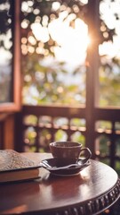 Cozy morning scene with coffee and book, evoking a sense of peace