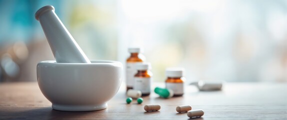 Marble mortar and pestle on the pharmacist's table. Health, alternative medicine, research concept