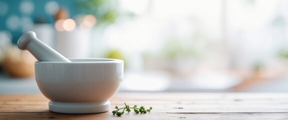 Marble mortar and pestle on the pharmacist's table. Health, alternative medicine, research concept