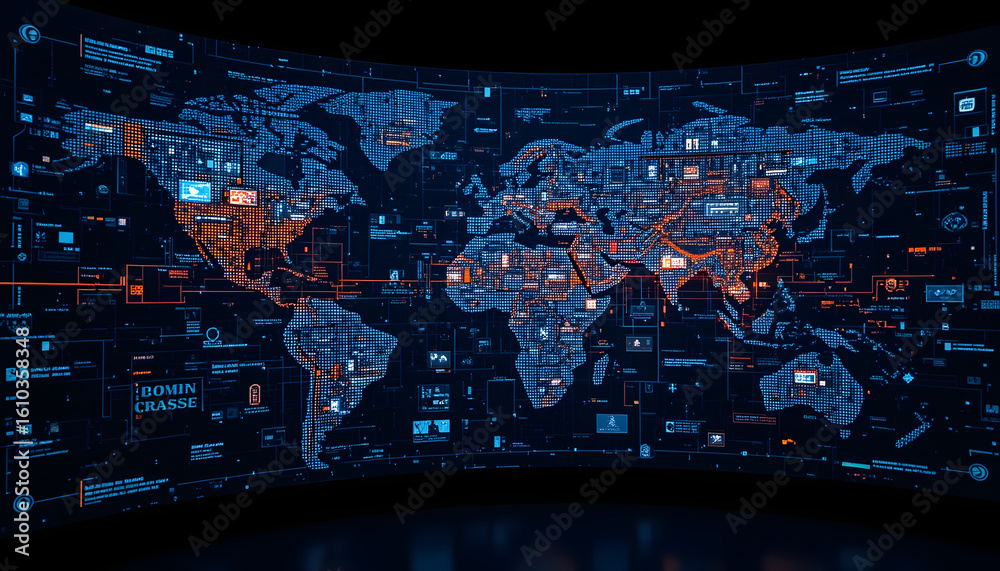 Poster global networking insights digital world map data visualization high-tech environment aerial view