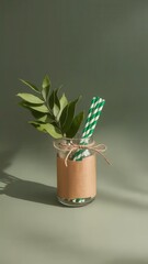 Minimalist Green Still Life with Reusable Straws and Botanical Elements