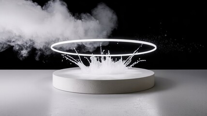 Surreal Splashing Liquid Display with Vapor and Illuminated Ring Showcase