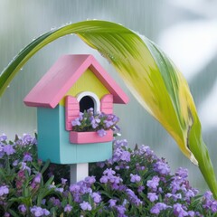 Whimsical birdhouse in a gentle rain, surrounded by blooming purple flowers
