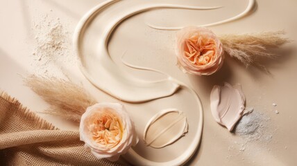 Serene beauty still life showcasing roses, creams, and natural elements