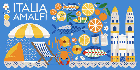 Amalfi coast italy summer beach scene with oranges and fish