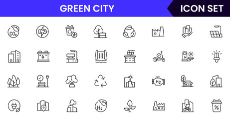 Green city vector line icons featuring sustainable buildings, trees, renewable energy, clean transport, recycling, parks, eco-friendly infrastructure, and urban nature integration.