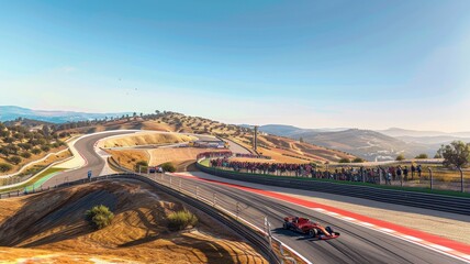Fototapeta premium A scenic view of an F1 car expertly navigating a hilly race track, surrounded by stunning landscapes and enthusiastic fans enjoying the thrilling motorsport event.