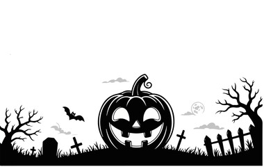 Halloween background with a pumpkin and bats. Black and white Halloween silhouette featuring a smiling pumpkin, spooky trees, bats, graveyard scene. Ideal for invitations, posters, sublimation design