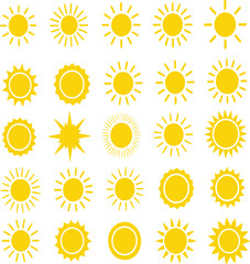 Sun and Star Icons Collection, Yellow Flat Vector Set for Weather or Nature Themes. Sunset ,Sunrise, Sunburst Icons